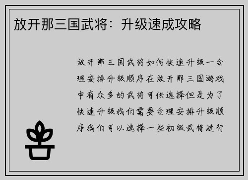 放开那三国武将：升级速成攻略